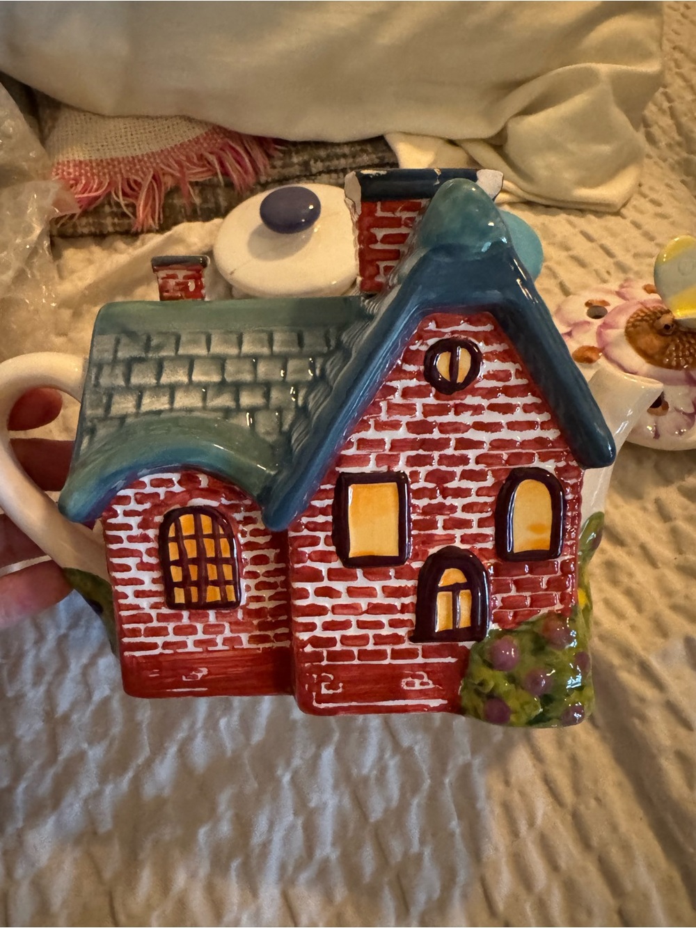 Thomas Kincaid Ceramic Cottage Teapot - Red Brick with Blue Roof
